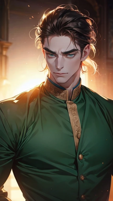 (  best quality,4K,8k,   highres,  masterpiece :1.2),  breasts  ,(Realistic,photoRealistic,photo-Realistic:1.37),36-year-old man,3 day beard,Beautiful anime,Portraits,strong,masculine,     with dark hair  ,sharp jaw,      mesmerizing green eyes   ,    perf...