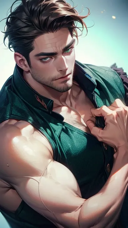 (  best quality,4K,8k,   highres,  masterpiece :1.2),  breasts  ,(Realistic,photoRealistic,photo-Realistic:1.37),36-year-old man,3 day beard,Beautiful anime,Portraits,strong,masculine,     with dark hair  ,sharp jaw,      mesmerizing green eyes   ,    perf...