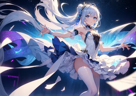 A beautiful ballerina dancing on the stage of a cyber orchestra. A silver tutu and holographic ribbons fluttering in the wind. Clear blue eyes and a graceful pose with a fluffy atmosphere. Space-like light particles float in the background, and the light d...