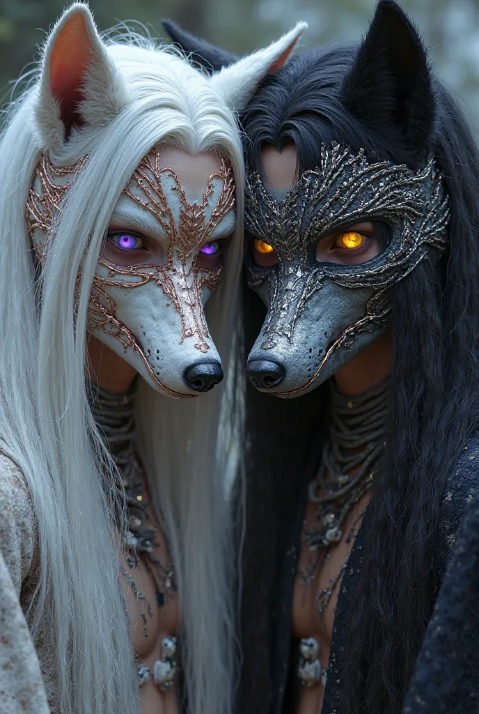 Two twin brothers s, one with long white hair and bright purple eyes like the moon and the other with black hair and large radiant eyes like the sun. The purple-eyed one has a mask of copper wires over a face with long wolf ears that covers from the forehe...