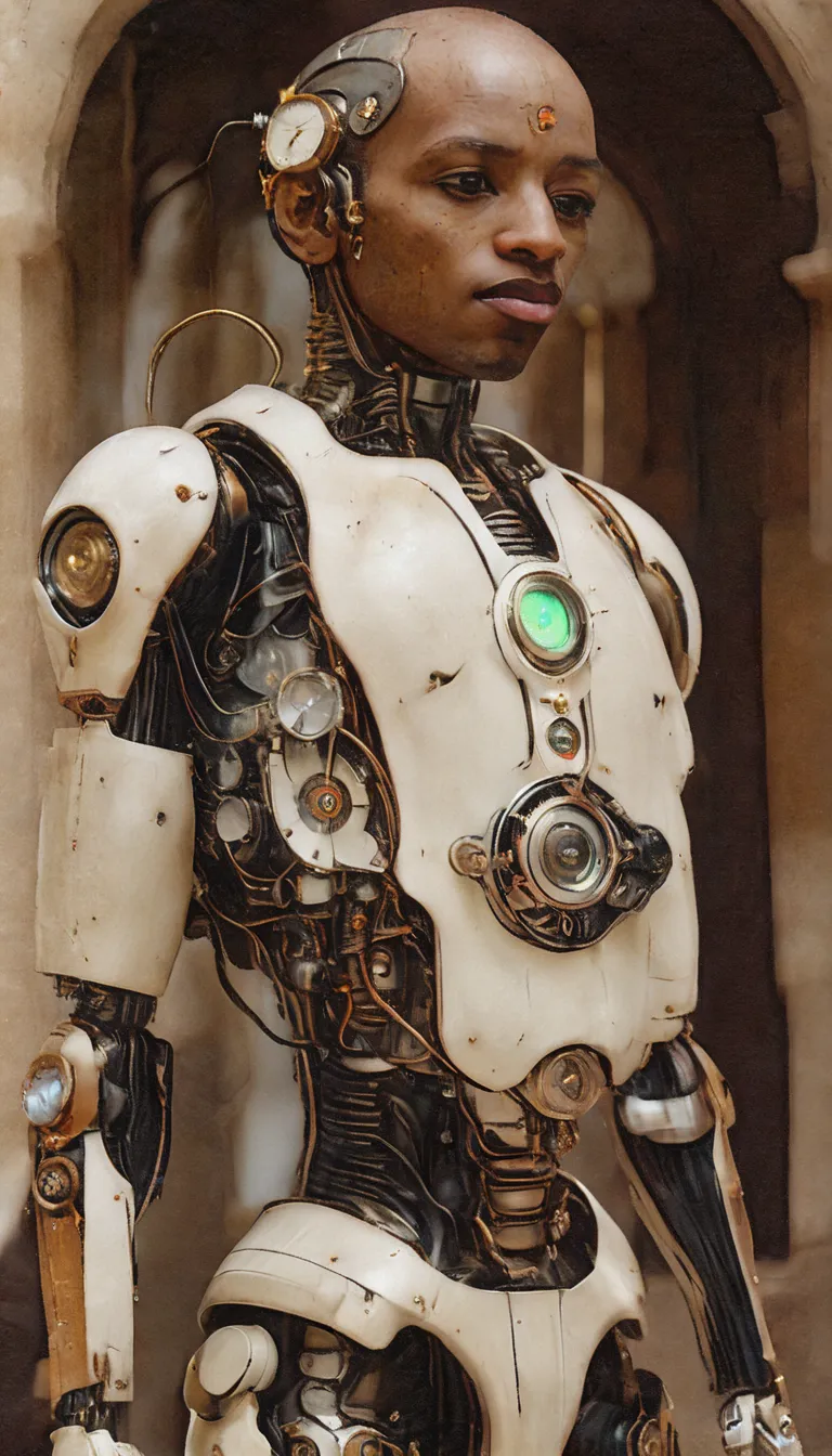 A male cyborg. the cyborg has a clock between the pectoral muscles. The cyborg has a striking male face, featuring a humanoid face reminiscent of the steampunk aesthetic