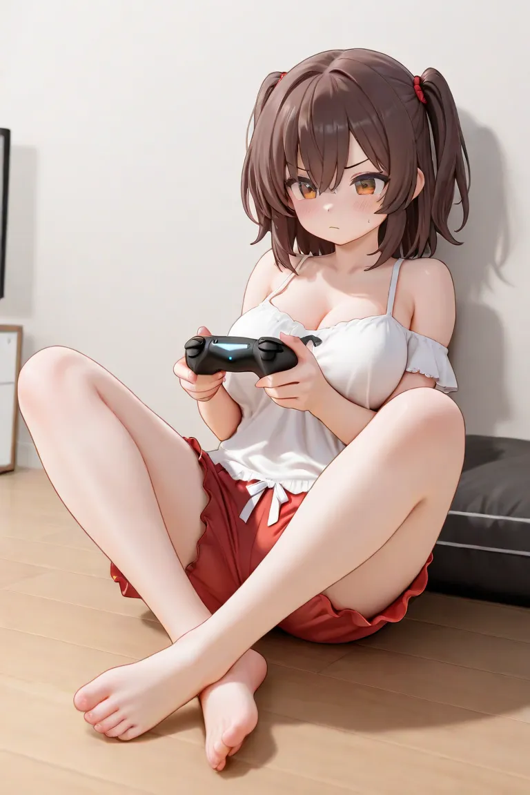  playing a game,Culottes,I'm holding a controller with both hands,Her breasts are big,Cross-legged, sitting on the floor 