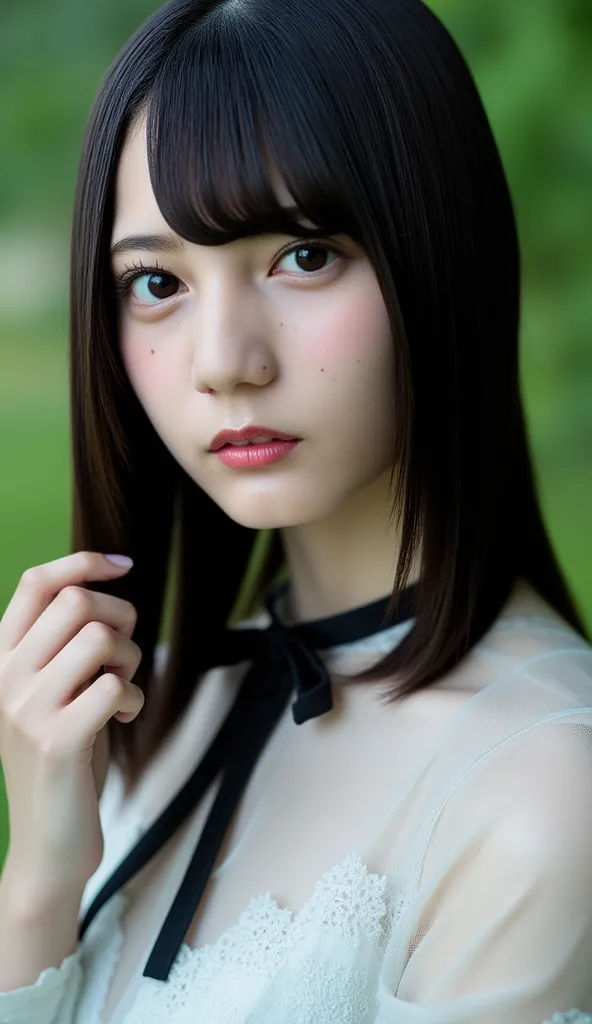 face, Beautiful 21 year old woman、 Kosakana 。 semi-long hair with bangs 、 sharp focus 35mm photo ,  she wears a black lace collar  .  her skin is white as snow 、The figure is slim . She has a perfect slim figure and a beautiful face.  she has Japanese heri...