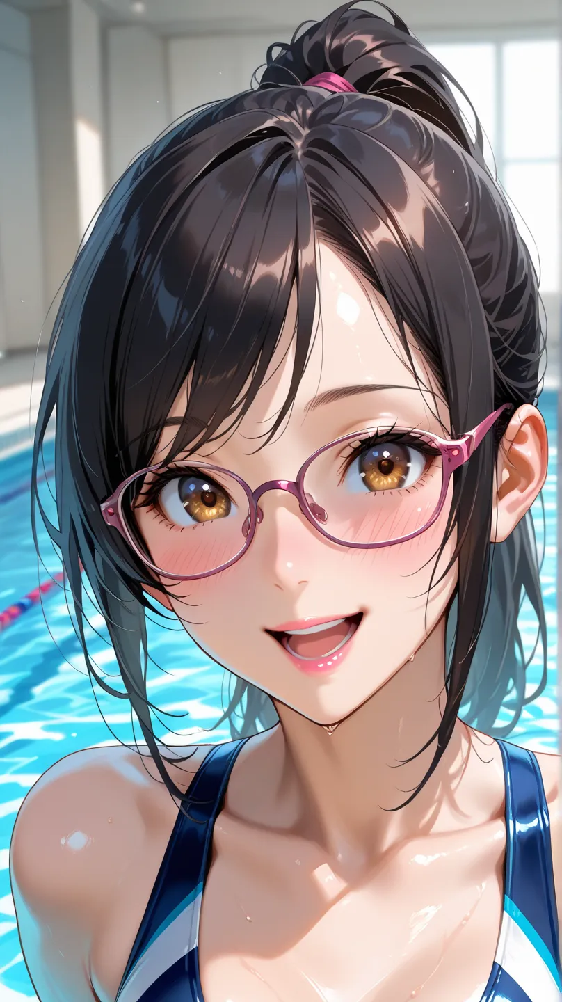 ((Highest quality)),(masterpiece), 8k,Very Detailed, Detailed Light, Eye Glasses, Slim, Slender, Small Head, Small Face, Small Eyes, Intricate Detailed face, Slender Face, Detailed Reflective Eyes, Beautiful Eyes, Shiny hair, Large Breasts, Very Tall, Medi...