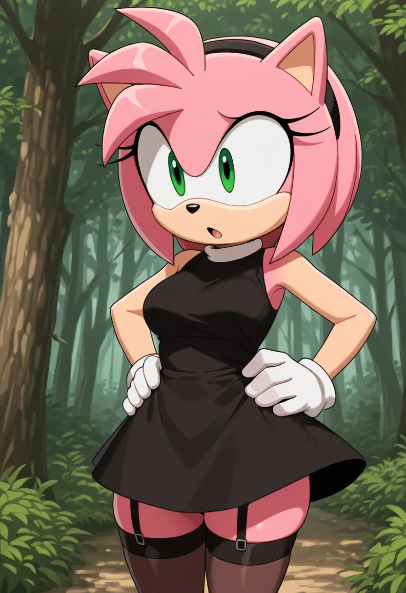 a cartoon character wearing all black posing in a forest area with trees in the background, 1girl, furry, dress, solo, furry female, green eyes, black dress, thighhighs, breasts, hands on hips, pink hair, garter straps, hairband, open mouth,amy rose, furry...