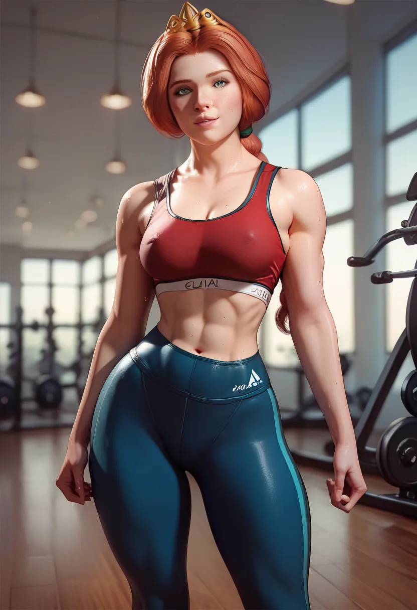 (princess fiona) wearing a three-piece stretch gym suit, Which consists of a sports top, sports pants, sexy workout outfit 