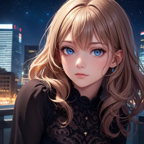  young girl ,  city, illuminated, Detailed face, subtle expression, pose natural, wavy hair,  elegant dress ,  soft light, modern architecture, luzes da  city,  starry sky, digital art, oil painting, posture high resolution, 8k, masterpiece, photorealistic...