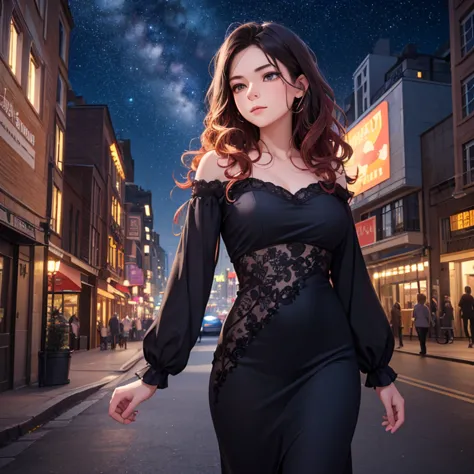  young girl ,  city, illuminated, Detailed face, subtle expression, pose natural, wavy hair,  elegant dress ,  soft light, modern architecture, luzes da  city,  starry sky, digital art, oil painting, posture high resolution, 8k, masterpiece, photorealistic...