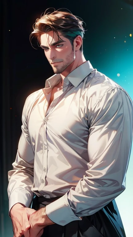 (  best quality,4K,8k,   highres,  masterpiece :1.2),  posture high resolution, white dress shirt ,(Realistic,photoRealistic,photo-Realistic:1.37),36-year-old man,3 day beard,Beautiful anime,Portraits,strong,masculine,     with dark hair  ,sharp jaw,      ...