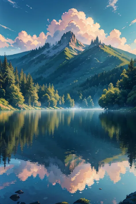 a watercolor painting of an ethereal landscape, beautiful detailed clouds, vibrant colors, soft lighting, dreamlike atmosphere, detailed foliage, intricate details, glowing sun, serene lake, reflections, mist, (best quality,8k,highres,masterpiece:1.2),ultr...