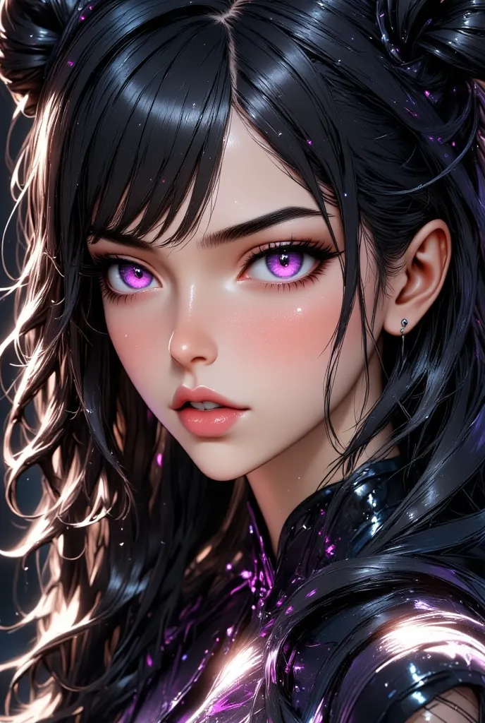 1 young, beautiful purple eyes that shine, black hair, PINK LIPS, light makeup, black glitter dress,long hair,posture high resolution, masterpiece ,best quality,  semi-realistic style, bangs on the forehead, very bright eyes , side fringe, Serious face , f...