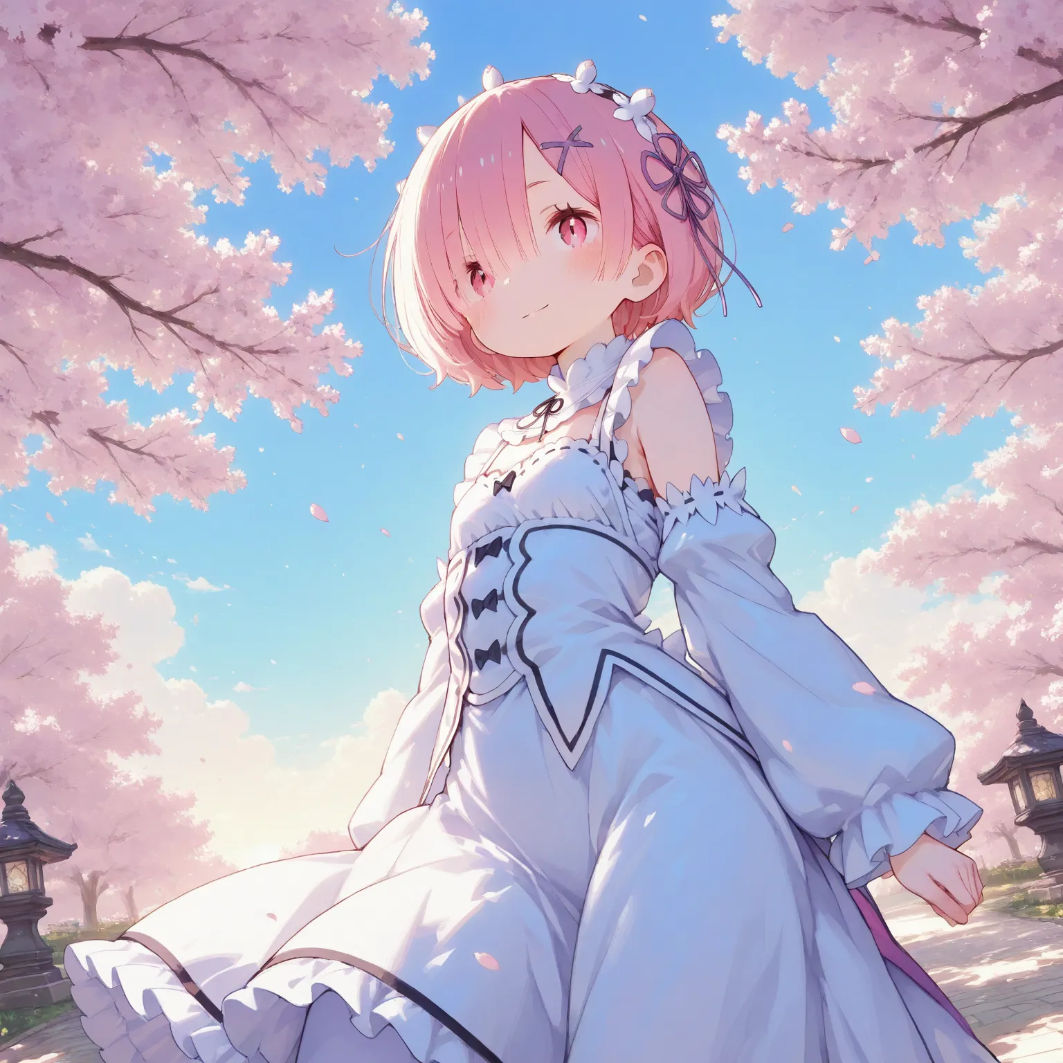 masterpiece, best quality, ultra-detailed,iro_mugen_illu,trk,Cute 1girl\(ram \(re:zero\),pink eyes,shiny skin\),(dynamic pose:0.25) ,A soft, pastel-colored spring background filled with blooming cherry blossoms gently swaying in the breeze, delicate pink p...