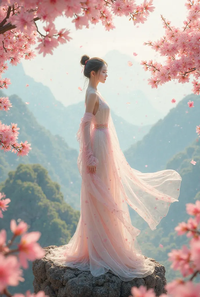 Let's create a female character like Lam Dai Ngoc in the novel Hong Lau Mong, she stood on the top of the mountain , there are a lot of peach blossoms around. Very small human figure