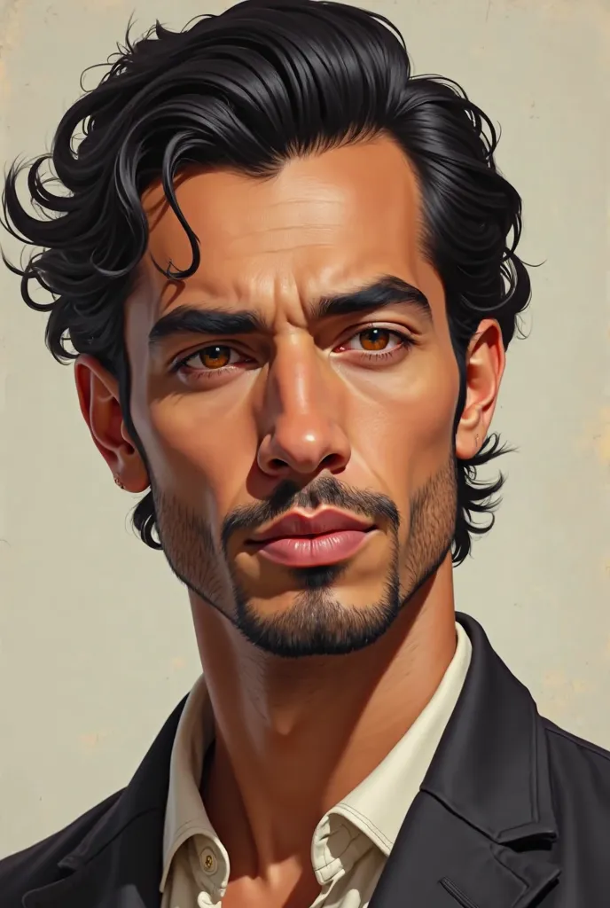 create an image about a moroccan man with a skinny, ablong face shape and slicked-back haircut with wavy black hair and honey eyes and hair on the chin and small mustage 