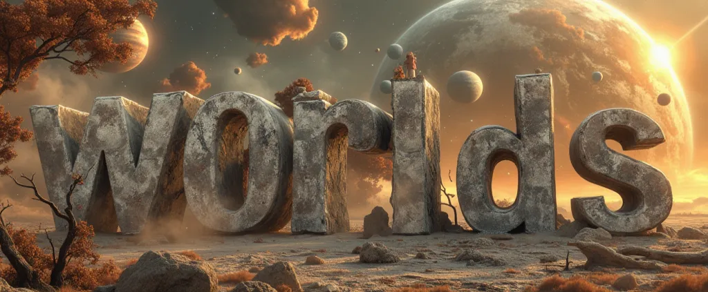  3D concrete text 'MASSIVE WORLDS' in building,letters of same height, text directly facing viewer, volumetric light behind letters, letters infront of planets, clouds around letters, dry trees around letters, leaves around letters, branches entwined with ...