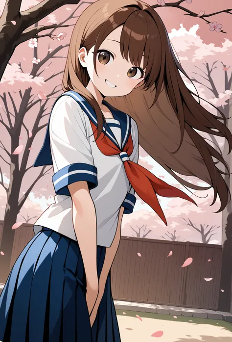 score_9, score_8_up, score_7_up, score_6_up, score_5_up, score_4_up,  source_anime, Warmth, Alone, long hair, brown hair, split bangs, collarbone, sailor suit, sailor color, red neckerchief, white shirt, Short sleeve, pleated skirt, blue skirt, smile, stan...