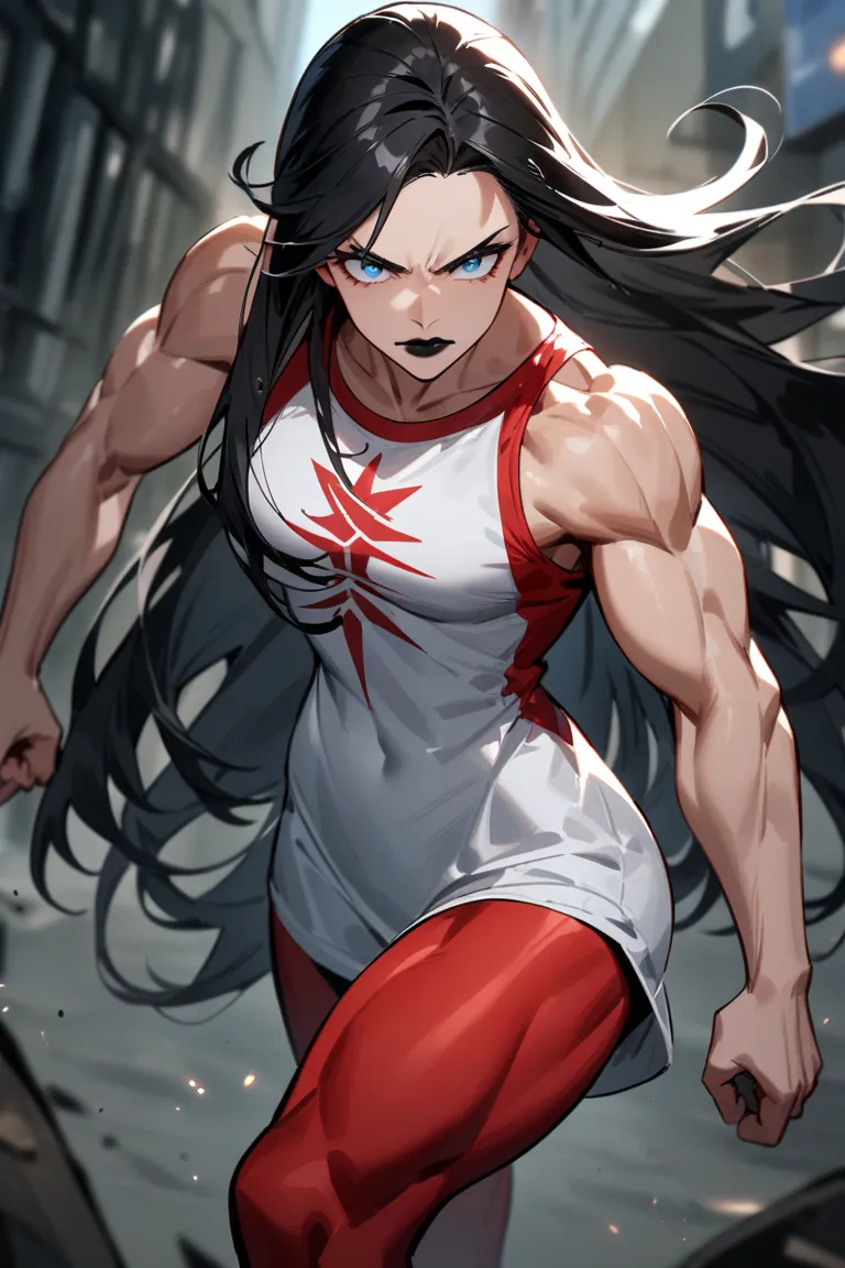  superhero , Women, high, strong,  musculosa, athletic body, beautiful, blue eyes, short black hair,  Serious Look T-Shirt,  black lips, He wears white and red tights attached to his body.