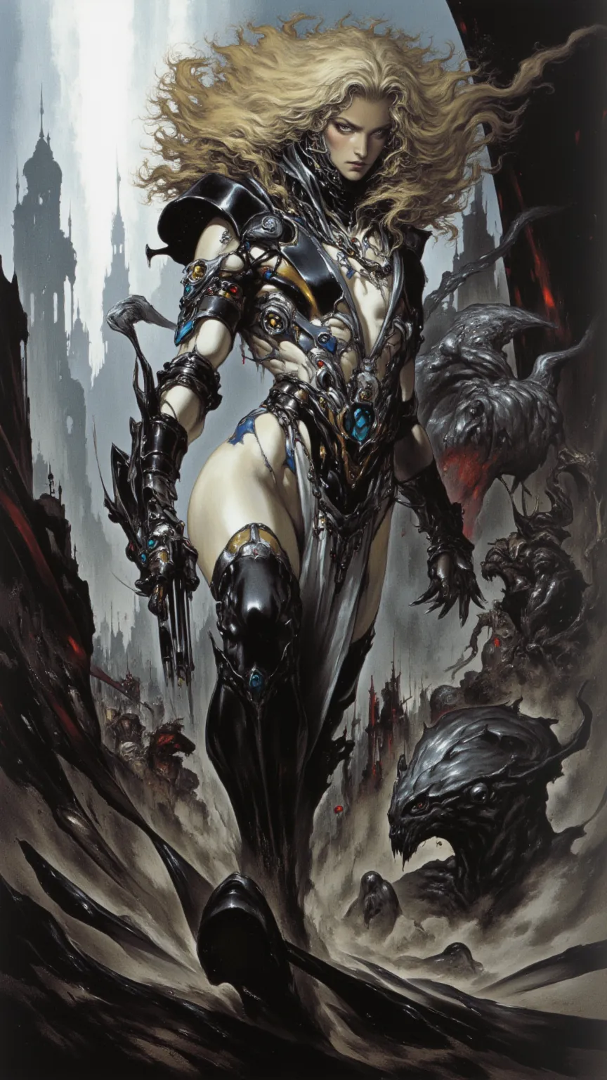 full body, Female Knight，fear ，sci-fi，future，armor，sexy，long golden hair，Wayne Reynolds draws，in a highly detailed and dynamic style, 