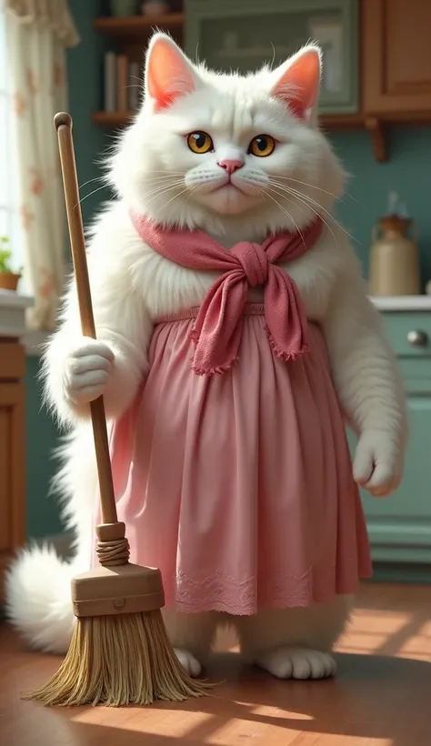 The hairy and badass and big white cat she is wearing a pink dress printed with a scarf tied around her head she sweeps the house she is standing with a broom in her hand sweeping the kitchen  