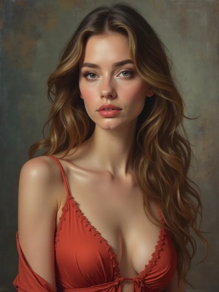 A stylized woman, realistic portrait in oil, delicate facial details, elegant posture,  serene expression, long wavy hair, long dress, high quality, realistic oil painting, Detailed face, smooth pele, captivating eyes, delicate lips, funny pose, blurred ba...