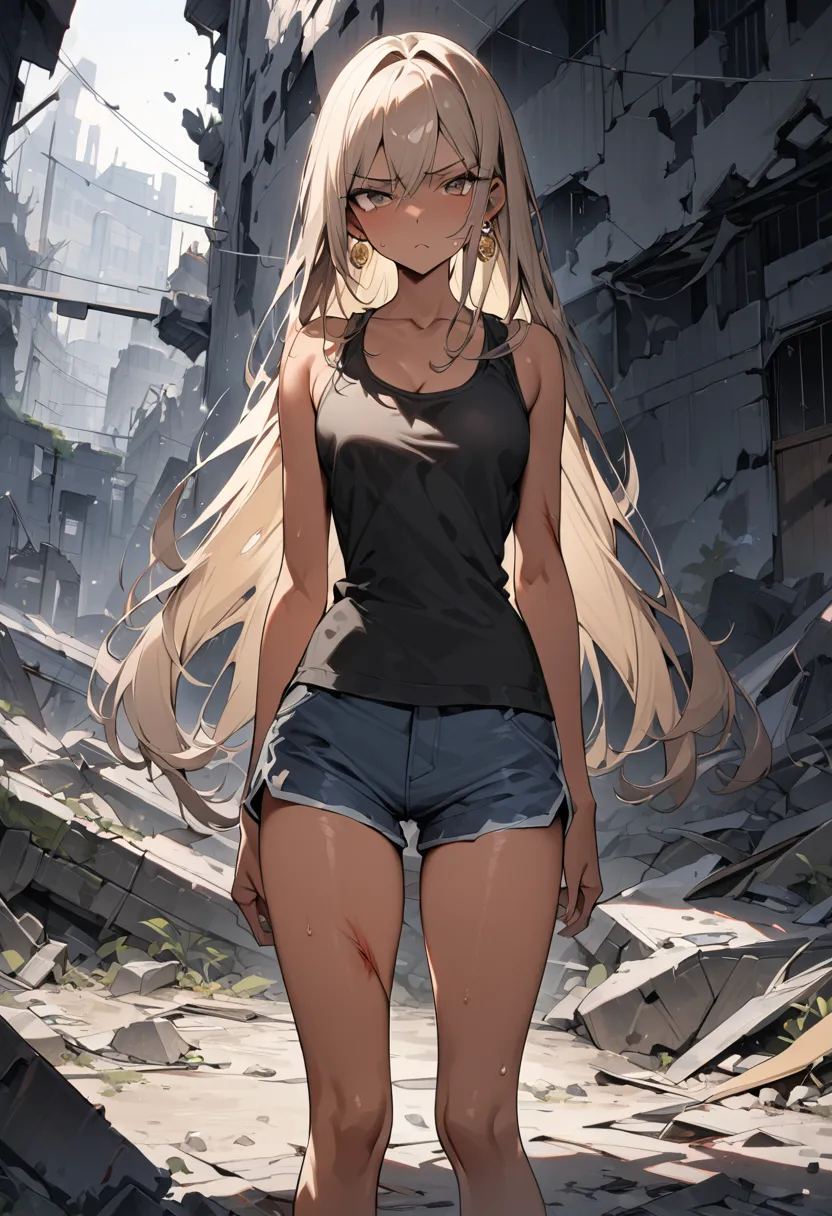 ((greatest masterpiece,Ultra High Quality:1.2)),(super resolution),(solo),cowboy shot,A slender, slender high school girl standing in ruins with thin legs,Full Body Injury,beautiful face, healthy tan skin ,light brown straight long hair,Perfect brown eyes,...