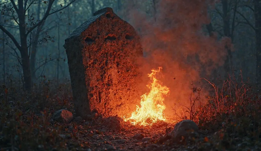 A dark, eerie grave that has cracked open, revealing roaring flames inside. A soul trapped within is screaming in agony, its body engulfed in fire. Thick smoke rises from the grave, and the surrounding ground glows red from the intense heat.