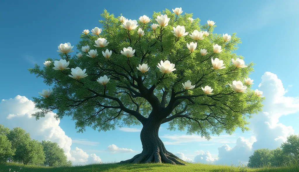 High Resolution, A magnolia tree in full bloom, with its large white flowers against a clear blue sky.