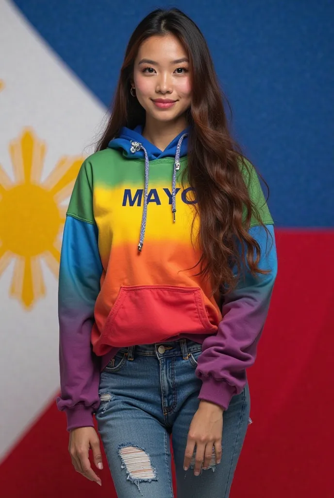 A Filipino a woman with a long hair , wearing a rainbow color hoodie jacket with printed name “ MAYO ”,jeans with cut and sneakers without combination of black and white colors, STANDING POSITION AT THE background of a Philippine flag 