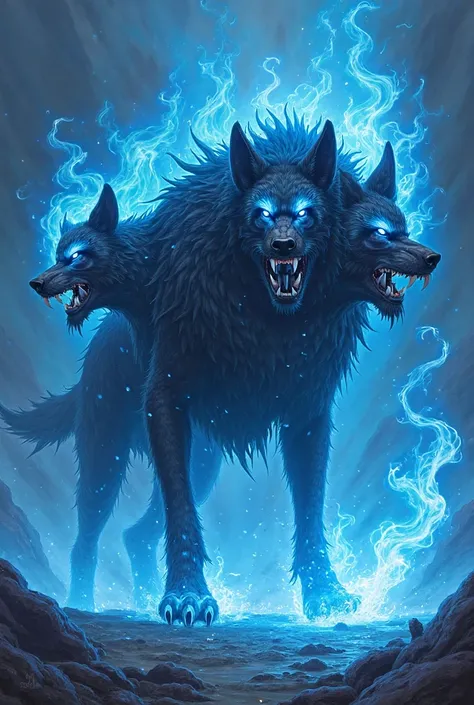 A dog with three heads surrounded by blue flames