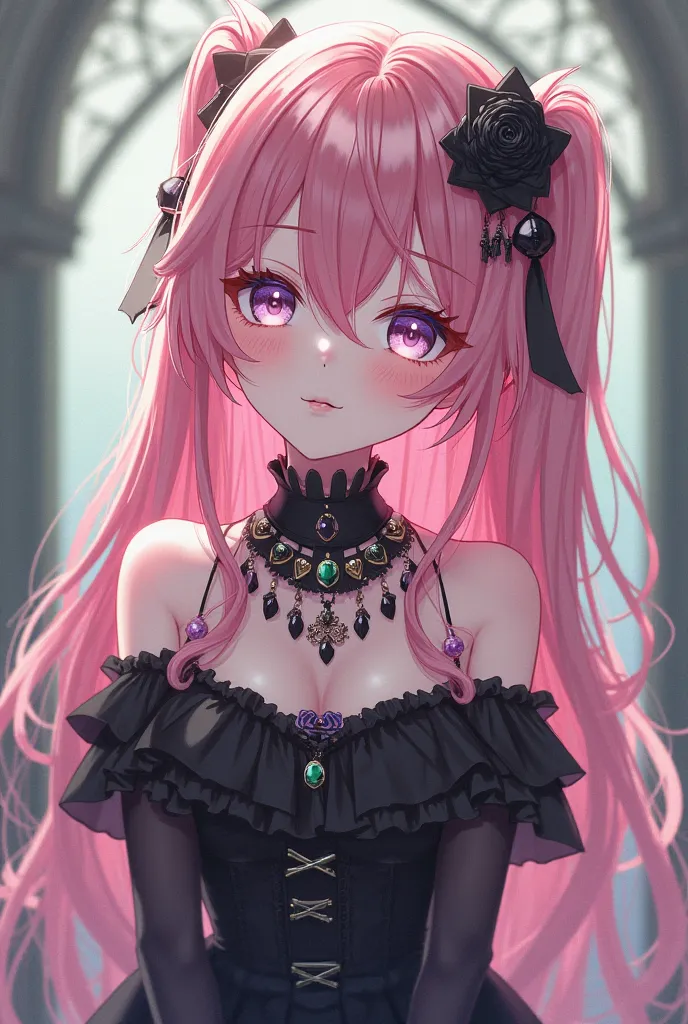 anime style、Cute and Gothic、Pink Green Long Hair、Glowing eyes、 Soft light 、 Exquisite Five Officers 、Fantasy girl、Fashion Accessories 、 Mysterious Elegance 、Off-the-shoulder ruffle fringe dress、dream aesthetics、Soft but with vivid contrast、 High Detail Ren...