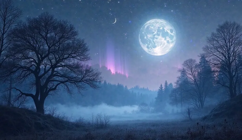 A mystical night scene with a dreamy, ethereal atmosphere. A glowing full moon casts silver light over a misty forest, where soft luminescent mist swirls through ancient trees. The sky is filled with stars, and faint auroras dance in the background. A sere...