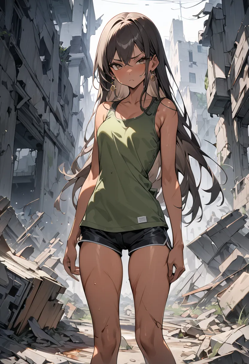 ((greatest masterpiece,Ultra High Quality:1.2)),(super resolution),(solo),cowboy shot,A slender, slender high school girl standing in ruins with thin legs,Full Body Injury,beautiful face, healthy tan skin ,light brown straight long hair,Perfect brown eyes,...