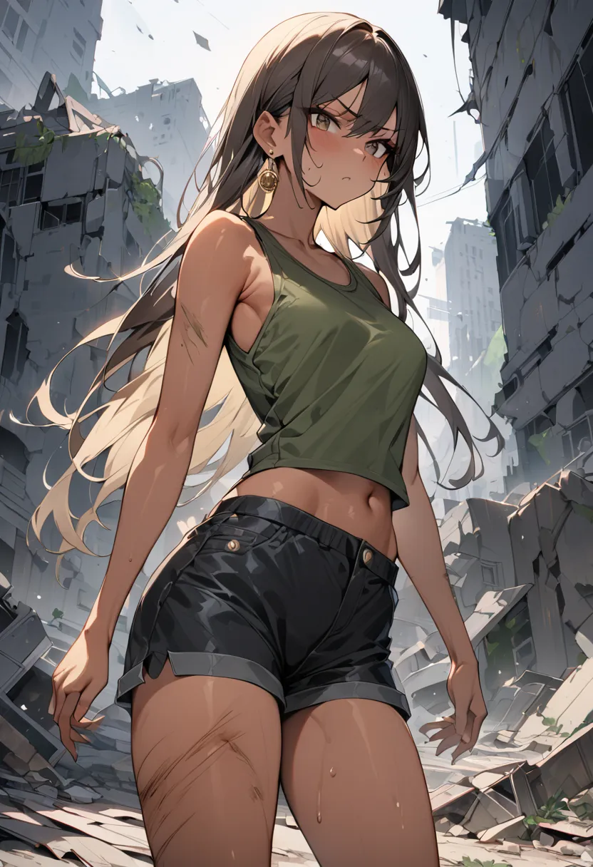 ((greatest masterpiece,Ultra High Quality:1.2)),(super resolution),(solo),cowboy shot,A slender, slender high school girl standing in ruins with thin legs,Full Body Injury,beautiful face, healthy tan skin ,light brown straight long hair,Perfect brown eyes,...