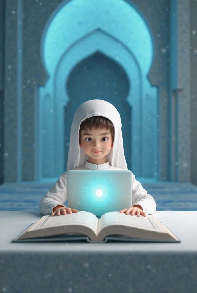 A professional and high-quality 3D image representing a Quran education course by 'Ooj International Institute of Advanced Knowledge and Skills.The image should feature a young boy dressed in traditional Islamic attire (such as a white thobe and kufi cap),...