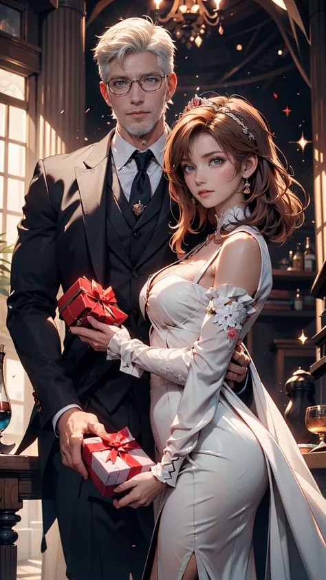 Two people in formal attire posing for a photograph,  WLOP and Sakimichan,  Guweiz Style Work , Urop and Rostran, Wlop and Andrei Riabovitchev,  of a woman holding a gift in her hand , Loish and wlop, Knight and Princess,  Loisch and Ross Tran ,  white hai...