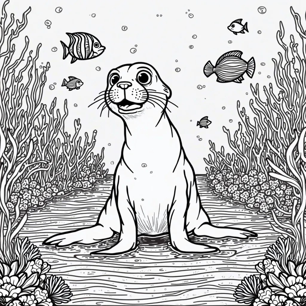 Sea lion coloring book page, bold black outlines