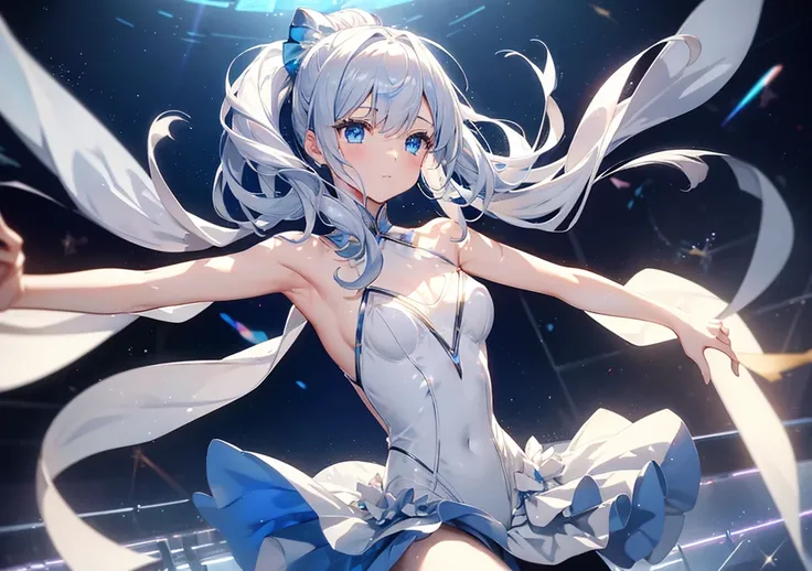 A beautiful ballerina dancing on the stage of a cyber orchestra. A silver tutu and holographic ribbons fluttering in the wind. Clear blue eyes and a graceful pose with a fluffy atmosphere. Space-like light particles float in the background, and the light d...