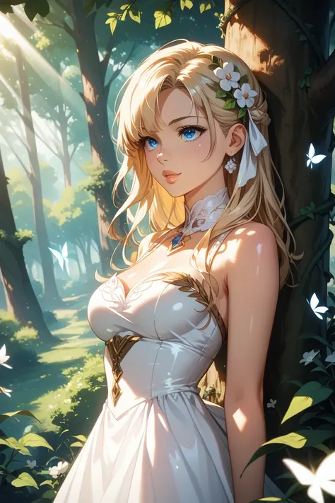 masterpiece, best quality, Amazing Khaki Quality, very aesthetic, High Resolution, super detailed, Absard Dress,  latest, fantastic scenery, (sunlight filtering through the trees:1.2),  rimlight, backlight,  dramatic shadow , 1 girl,  long blond hair , blu...