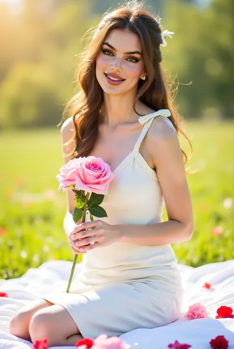 sitting on a white blanket outdoors in a sunlit grassy field. She is wearing a fitted white dress with an elegant and delicate design. Her gaze is charming, with a soft smile and natural makeup highlighting her expressive eyes. A light ribbon tied in her h...