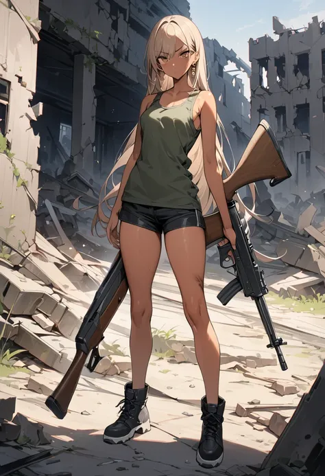 ((greatest masterpiece,Ultra High Quality:1.2)),(super resolution),(solo),cowboy shot,Slender, slender high school student holding a rifle and standing at the ruins,Full Body Injury,beautiful face, healthy tan skin ,light brown straight long hair,Perfect b...