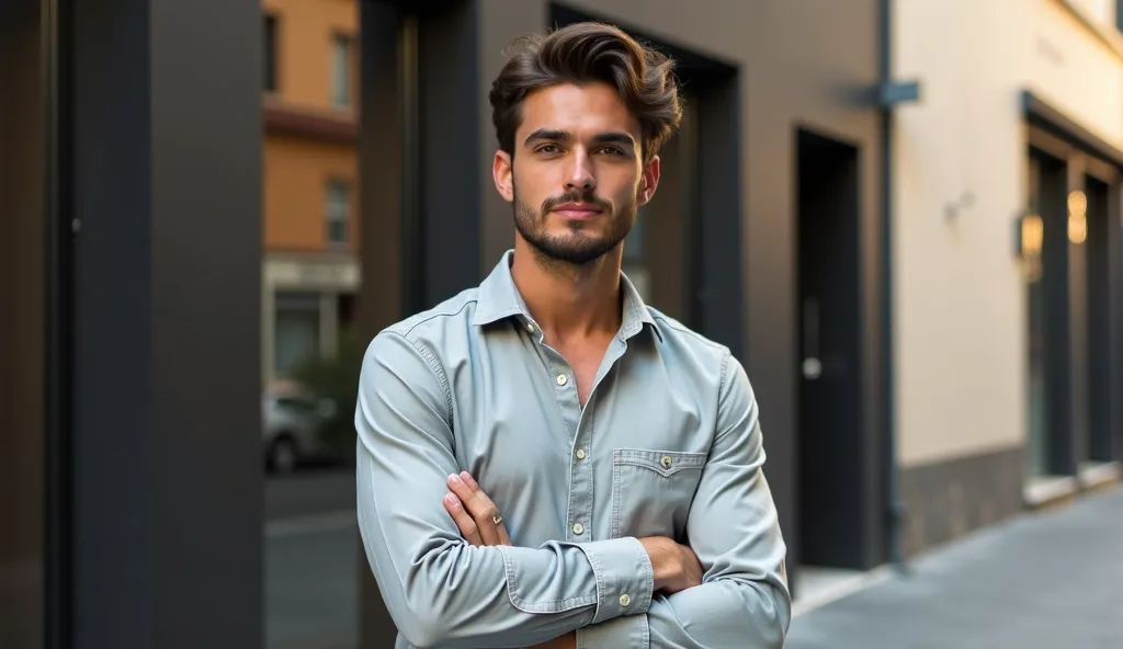 "A man with Latin facial features who is not so handsome but charming and keeps it simple. standing in front of a building. He has sharp eyes filled with warmth and calm,  jaw firm, as well as a thin smile that gives the impression of confidence and grace ...