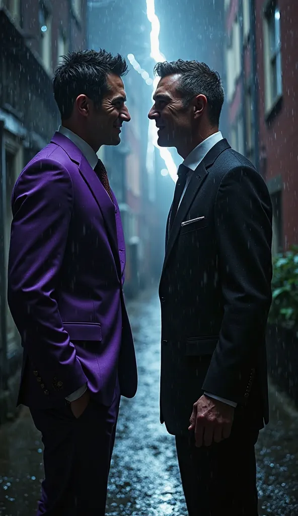 Two men face each other in a dark alley wet by rain. One wears a purple suit and smiles confidently.  the other , wrapped in a black suit, He's furious.  Lightning illuminates the scene , intensifying the tension in the air."