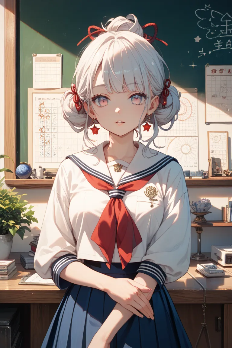 delicate facial features, porcelain skin, gradient eyes with star reflections"
   - "Japanese sailor-style uniform with red ribbon"

 "chalkboard with math equations in background"
"Kyoto Animation-style character design" "medium close-up with dynamic angl...