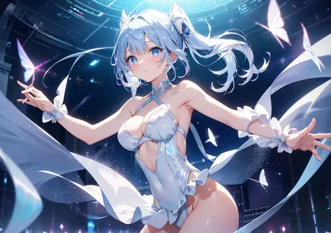 A beautiful ballerina dancing on the stage of a cyber orchestra. A silver tutu and holographic ribbons fluttering in the wind. Clear blue eyes and a graceful pose with a fluffy atmosphere. Space-like light particles float in the background, and the light d...