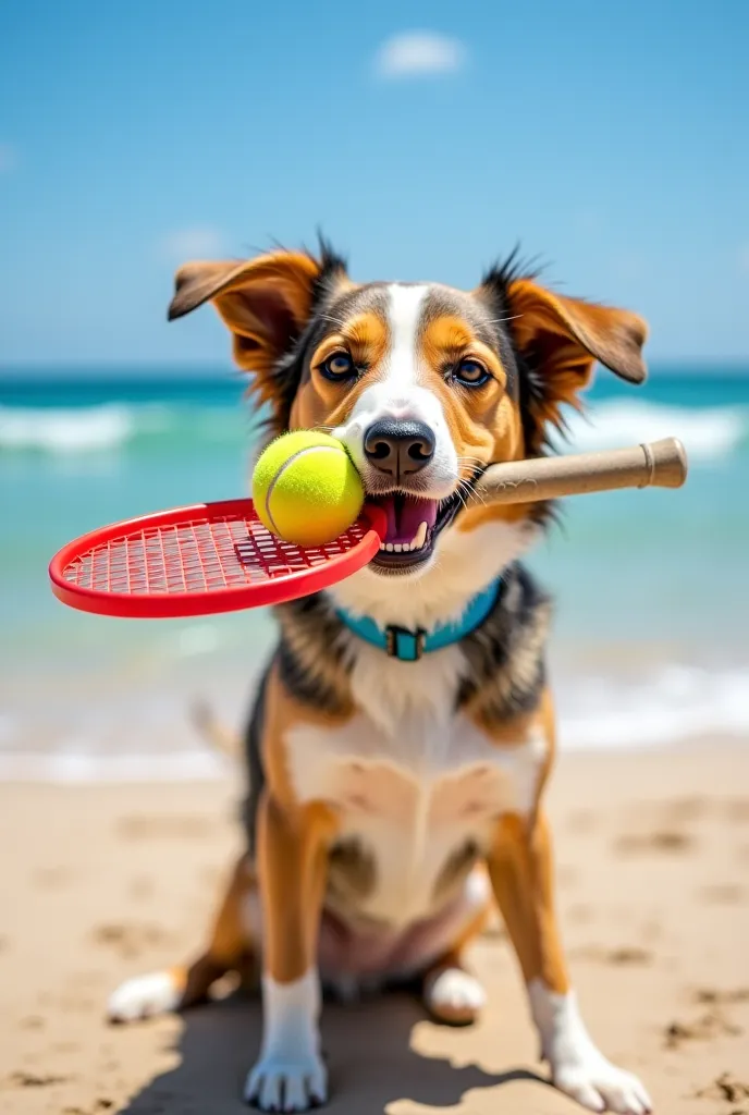 Photo of a real mutt dog holding a beach tennis racket and a ball