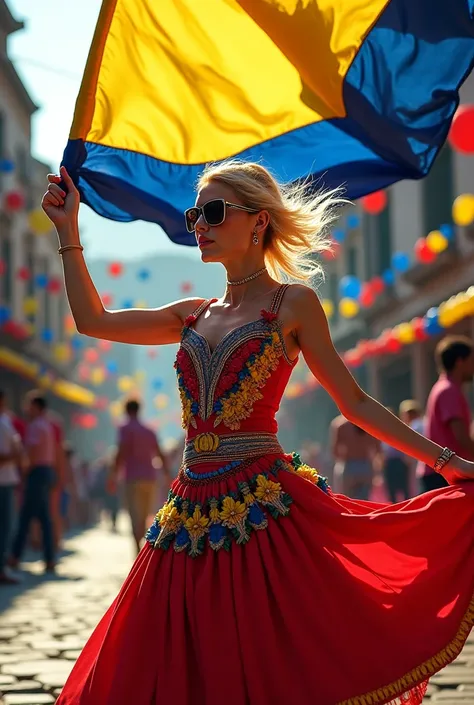 A Colombian folklore dancer,  sunglasses with platinum hair, waving a Colombian flag and typical dress 