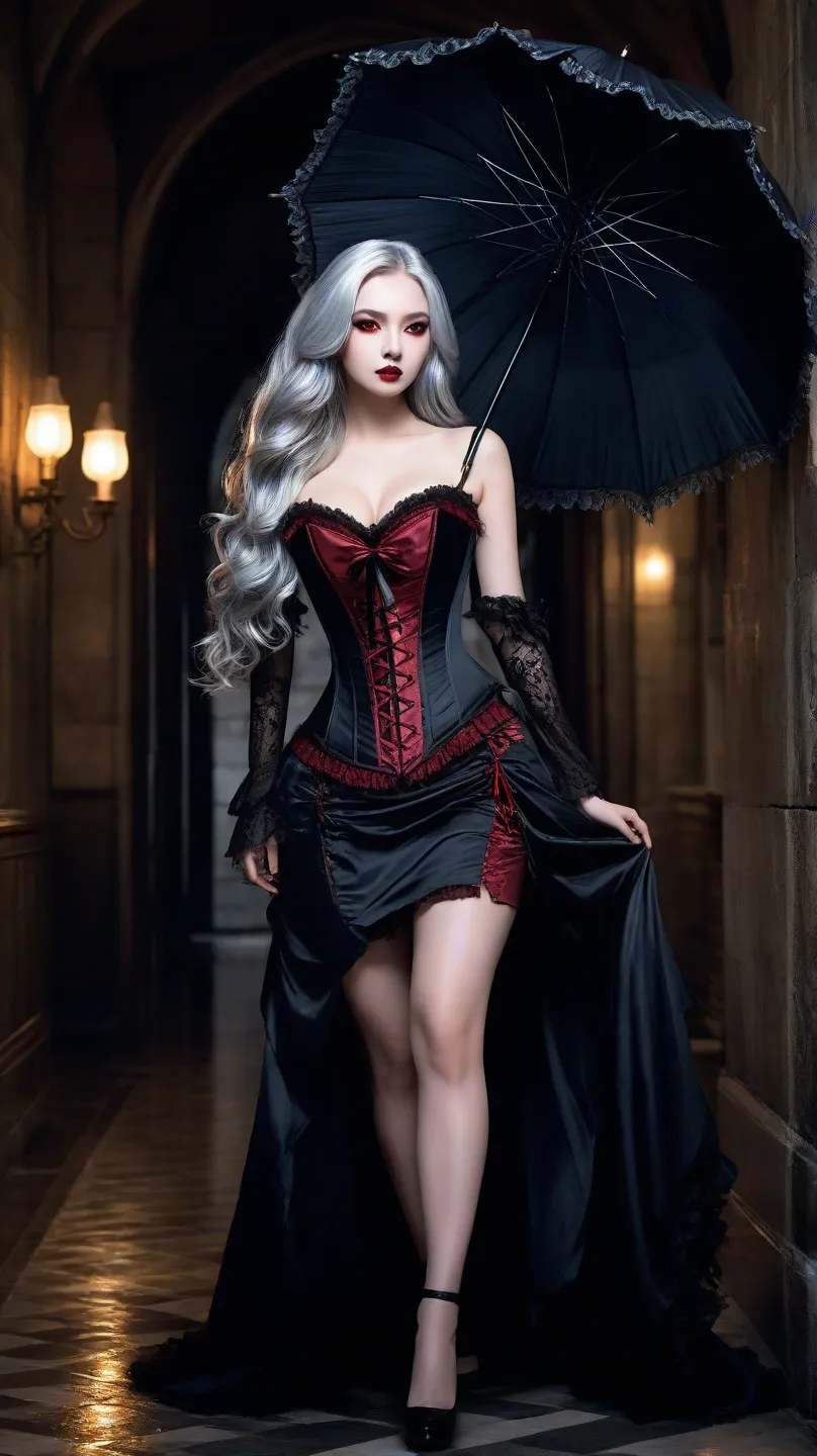 A breathtakingly beautiful vampire girl, identical to her anime design, walks gracefully towards the camera with a confident and seductive stride, as if modeling on a gothic runway. Her long, silky silver hair flows slightly with each step, and her glowing...