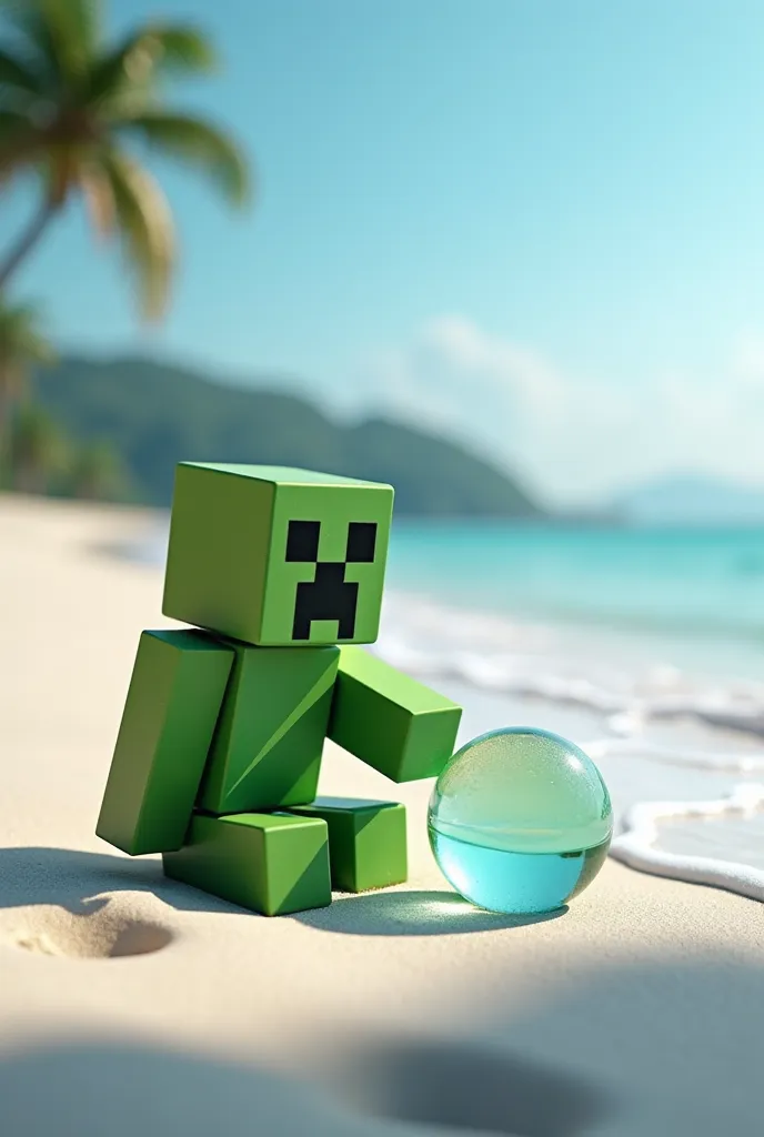 Minecraft creeper with ball and glass on the beach