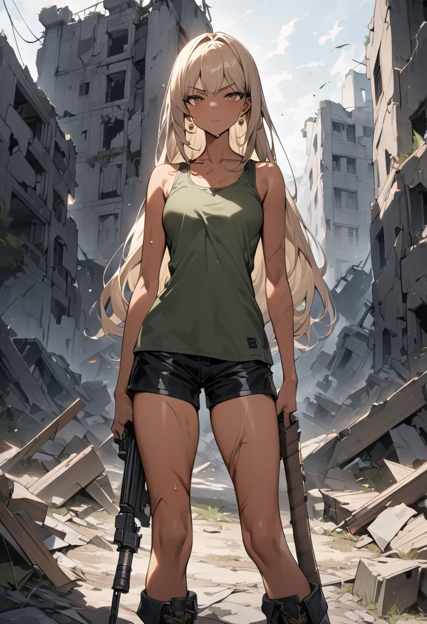 ((greatest masterpiece,Ultra High Quality:1.2)),(super resolution),(solo),cowboy shot,Slender, slender high school student holding a rifle and standing at the ruins,Full Body Injury,beautiful face, healthy tan skin ,light brown straight long hair,Perfect b...