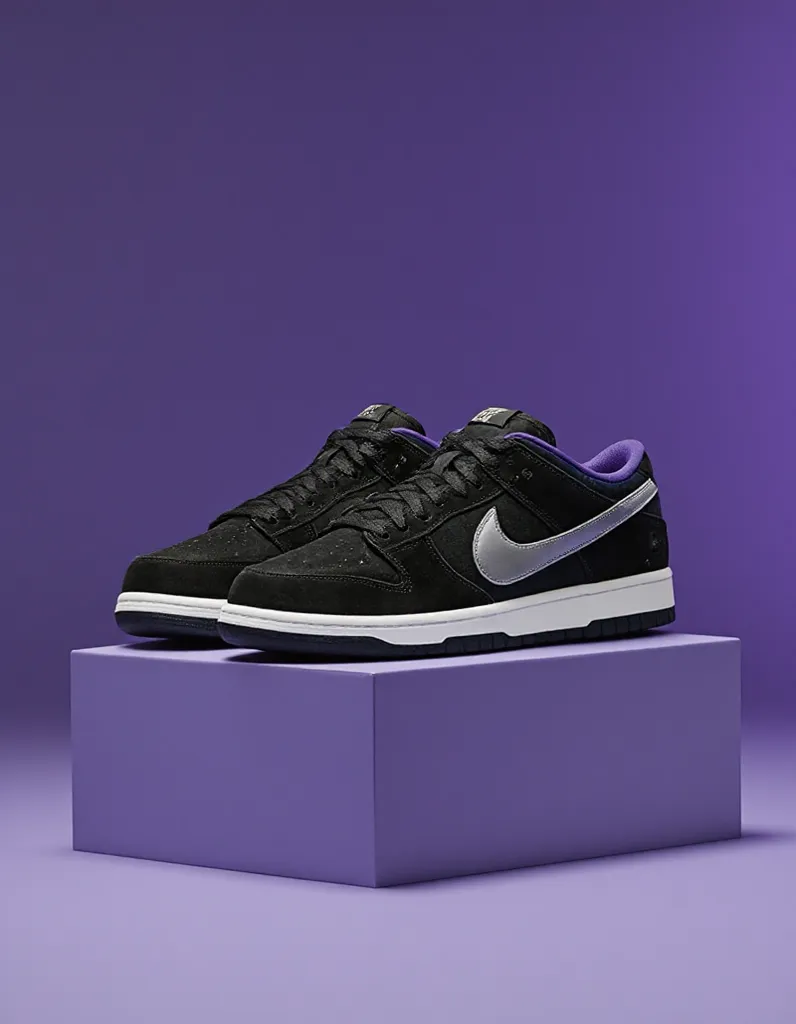  solid color background、Nikeのシューズ、Nike、dunk low、stylish、cool、Sneakers designed based on the suit of the Marvel character Black Panther、black、Purple、Silver